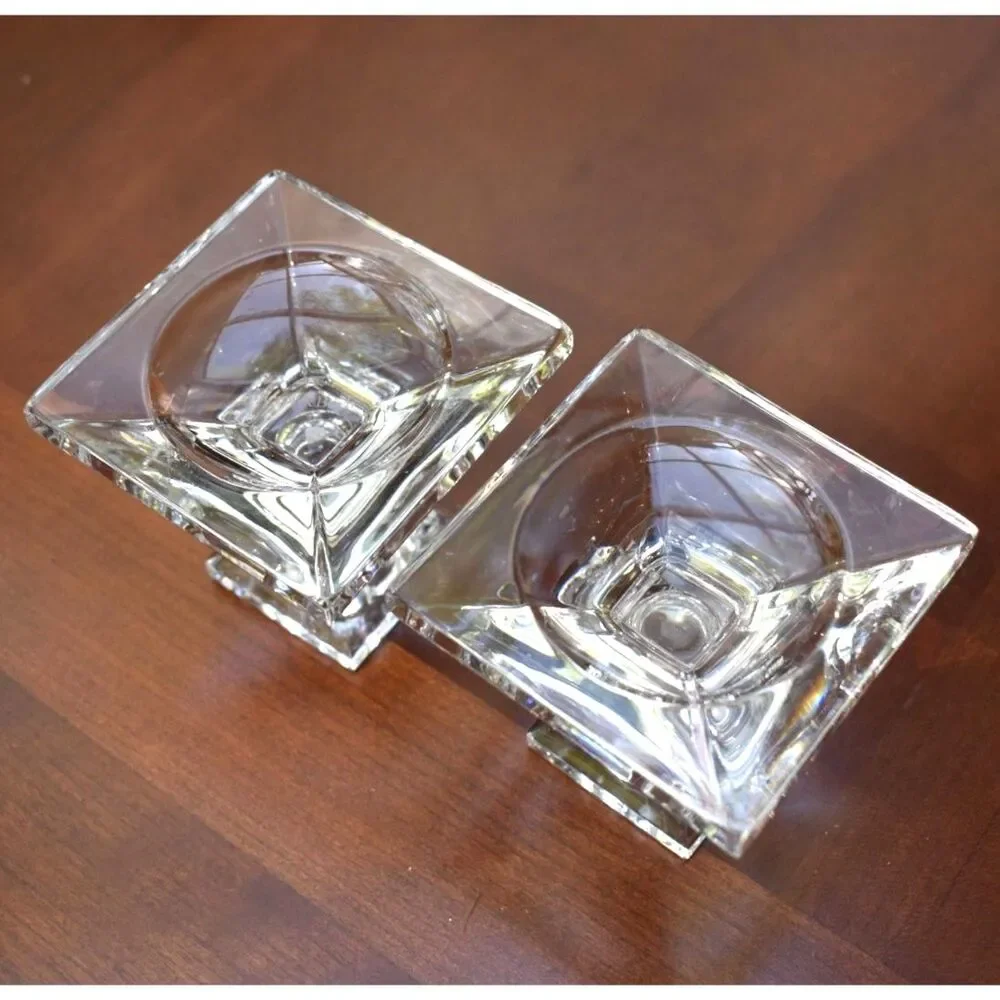 Villeroy & Boch Signed Lead Crystal Art Glass Square Candle Holders - 2.75″ Tall